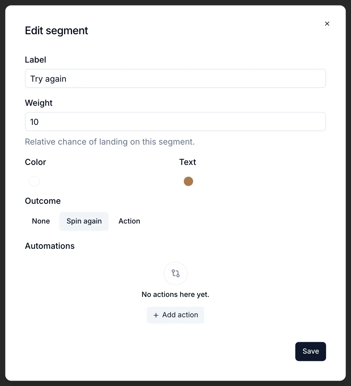 Edit segment window with label, weight, colors and outcome
